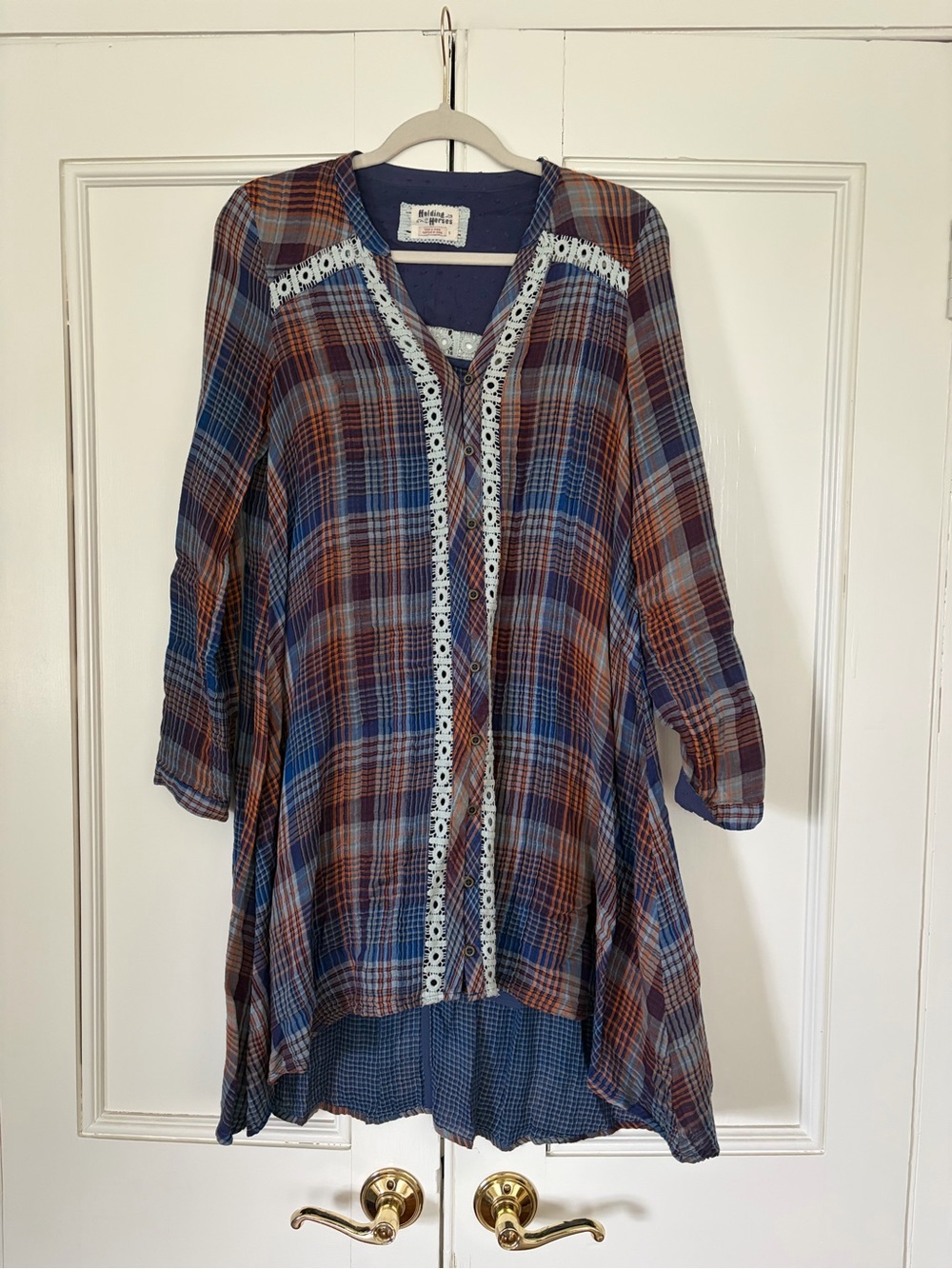 Anthropologie |Holding Horses| Plaid High-Low Tunic Dress with Lace Trim